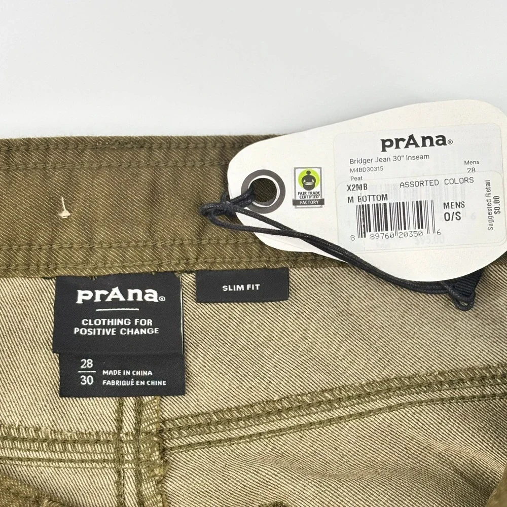 Prana Bridger Jean 30 Inseam Mens 28 Peat Green Slim Fit‎ Pants M4BD30315 NEW